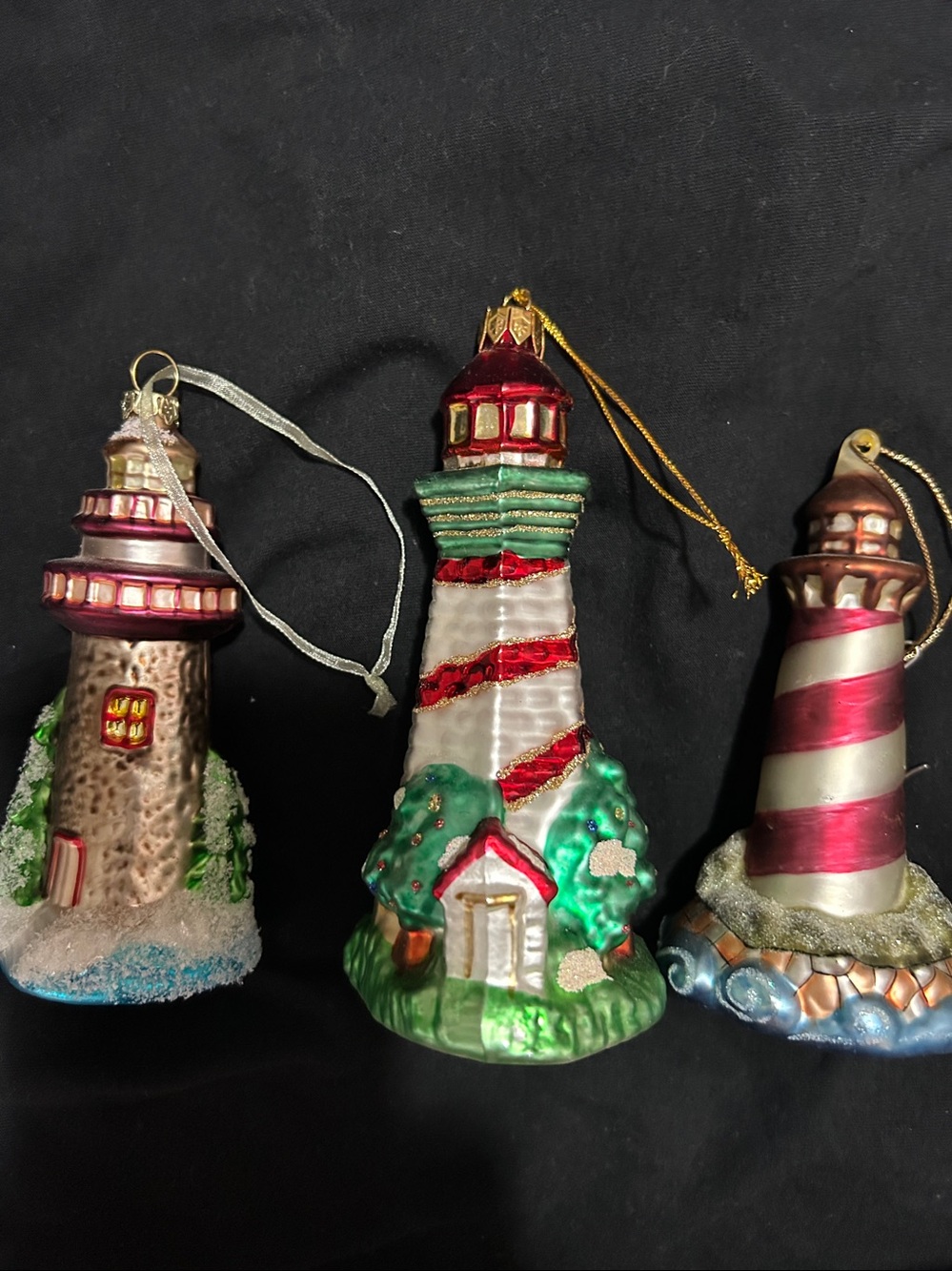 Glass Lighthouse Ornament Set - Red, Green and White Holiday Accent.